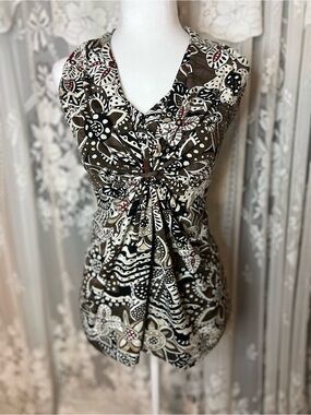 Y2K mandee Twist-Front Floral Print Sleeveless Top - Black, Cream & Brown